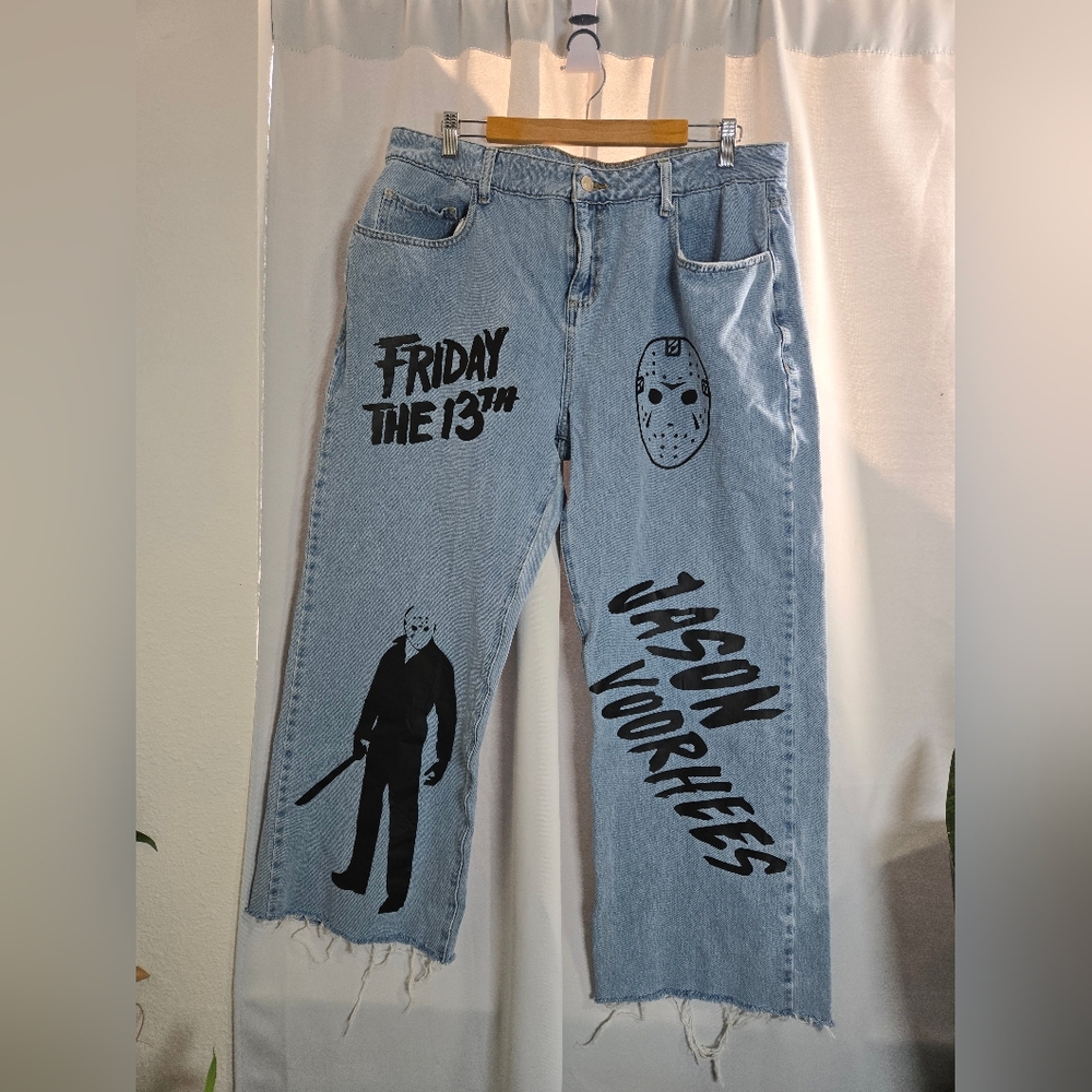 Fashion Nova Light Blue Wide Leg Jeans with Black Horror Graphics